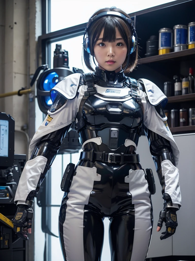 masterpiece, Highest quality, Very detailed, Japanese Android girl,Plump,Slightly thicker,Control panel,robot arms,robot,Android,cyborg,Blunt bangs,robot repair plant,Fighter cockpit,Combat Uniform,Harness Belt,headset