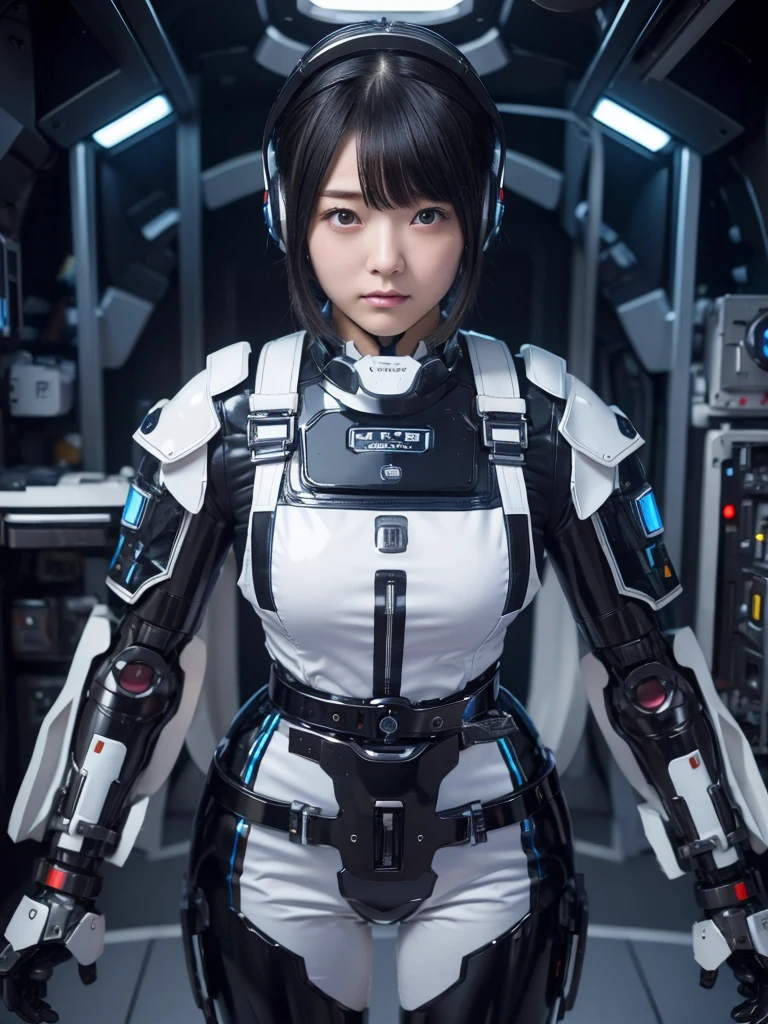 masterpiece, Highest quality, Very detailed, Japanese Android girl,Plump,Slightly thicker,Control panel,robot arms,robot,Android,cyborg,Blunt bangs,robot repair plant,Fighter cockpit,Combat Uniform,Harness Belt,headset