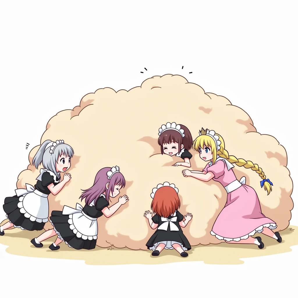 An anime-style illustration depicting many maids and princess playfully wrestling with each other inside a pink comical fight cloud (dust cloud).
each maid has different colored hair.one princss with blonde long braided and blue-eyes and pink-dress.
their faces,hands,and feet are visible emerging from the cloud as they tussle humorously, with the rest of their bodies completely hidden inside the cloud.
the illustration emphasizes the humorous and energetic nature of their scuffle,with a fluffy and exaggerated fight cloud.