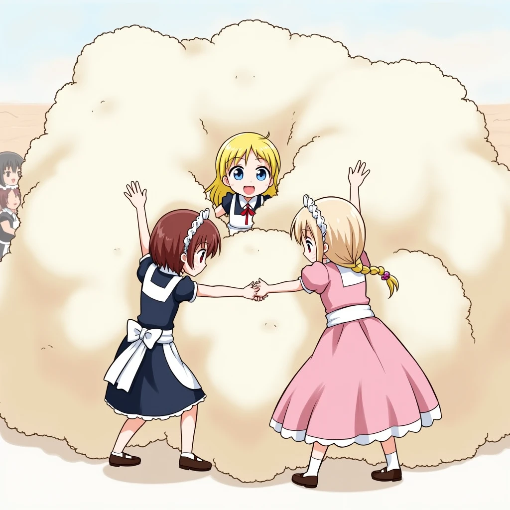An anime-style illustration depicting many maids and princess playfully wrestling with each other inside a pink comical fight cloud (dust cloud).
each maid has different colored hair.one princss with blonde long braided and blue-eyes and pink-dress.
their faces,hands,and feet are visible emerging from the cloud as they tussle humorously, with the rest of their bodies completely hidden inside the cloud.
the illustration emphasizes the humorous and energetic nature of their scuffle,with a fluffy and exaggerated fight cloud.