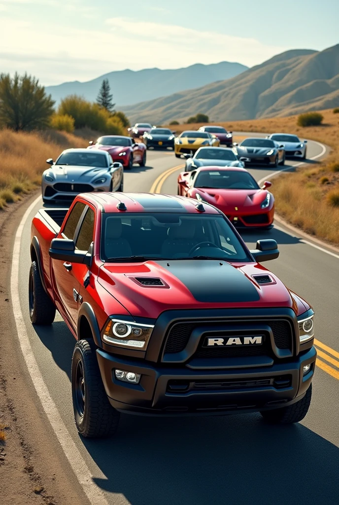 High-end cars such as Ferrari, Lamborghini, rr, RAM 700 roulent comme un convoi. The RAM 700 car is at the front of the convoy