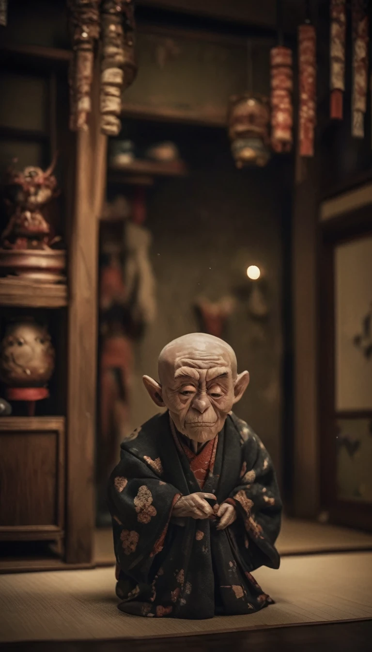 Inside the Japanese-style room、A thin old man wearing a kimono、Big headed monster、Shallow depth of field, Vignette, Very detailed, High budget, Bokeh, CinemaScope, Sulky, amazing, nice, Film Grain, granular . Creepy, Anxious, dark, Creepyな, Suspenseful, strict, Very detailed