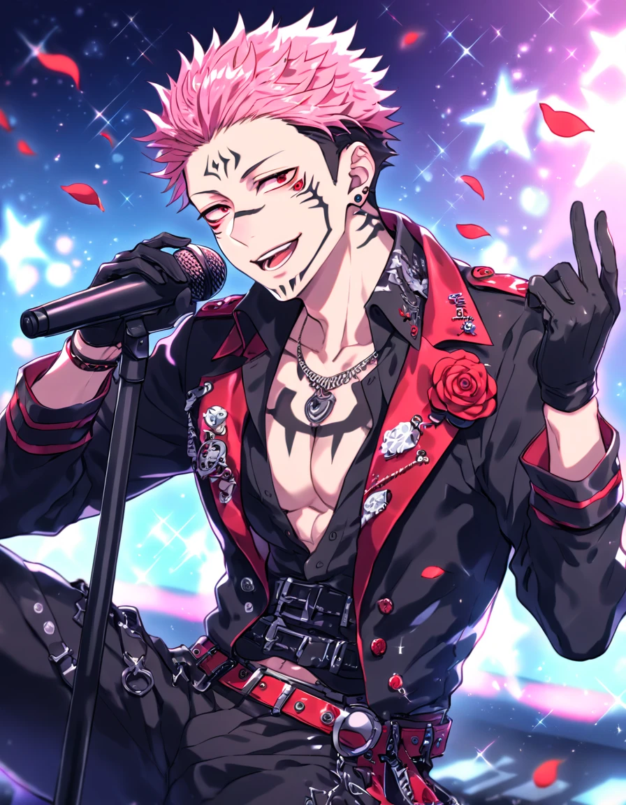 Ultra detailed, Highres, absurdres, HDR, master piece, Ryoumen Sukuna, pink hair, expressive red eyes, Jujutsu Kaisen, sexy man a microphone, sitting, solo, rocker, black rocker clothes with trimmings, red petals, glittering, black gloves, red flowers, sensual, fantasy, idol stage, concert, horny, erotic, toned chest, manly man, handsome smile, visual kei, black pants, close up