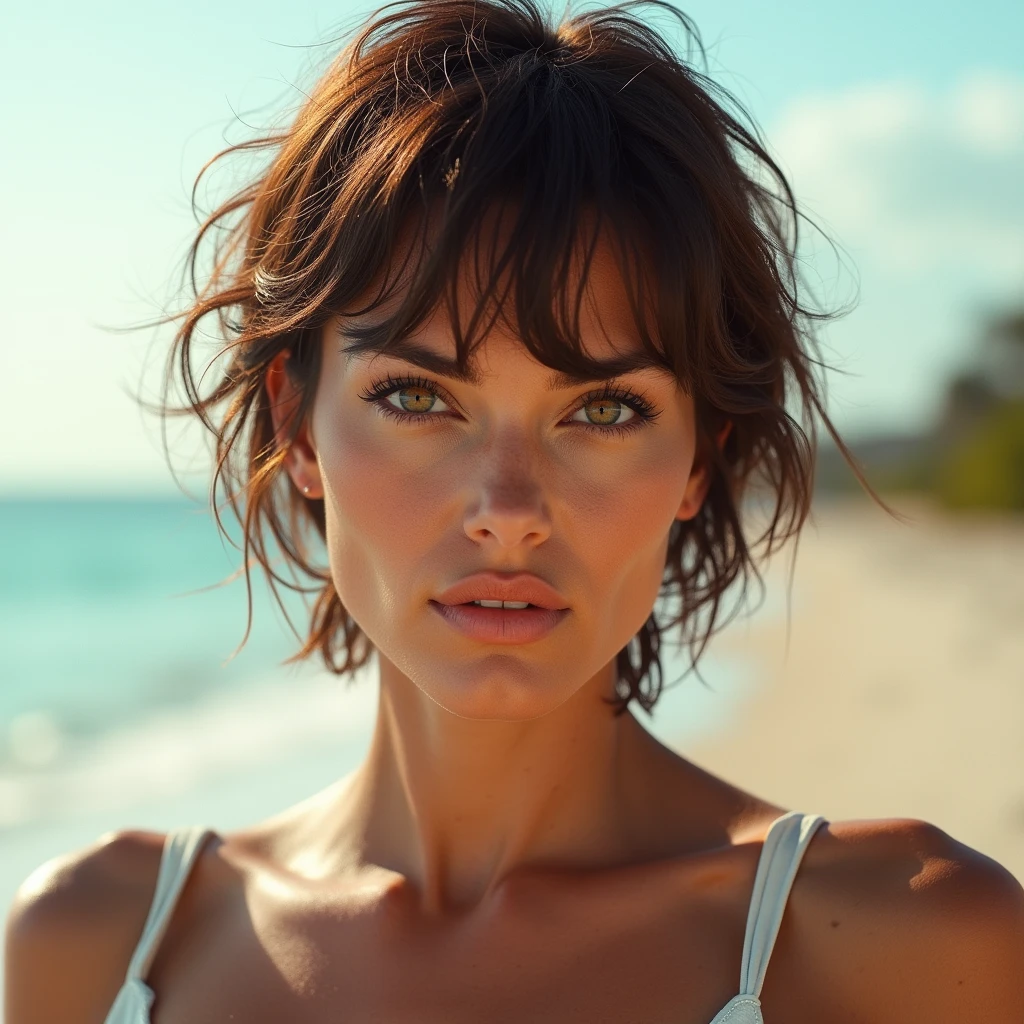 Milla Jovovich, short hair, on the beach