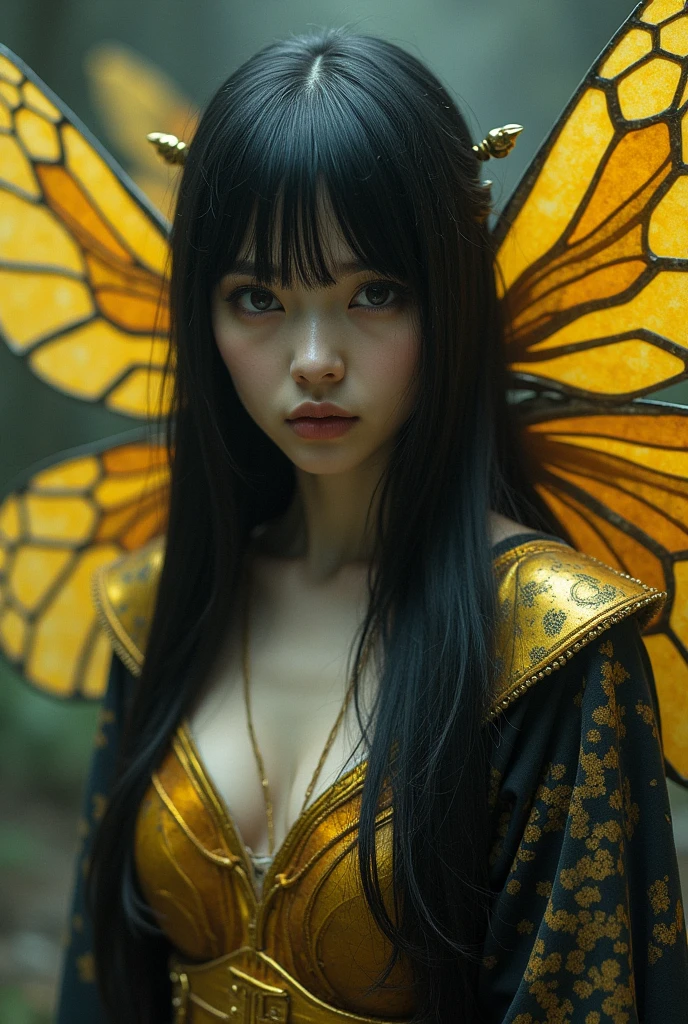 editorial photography,super detailed background,Super realistic,double exposure,depth of field,beauty super slender skinny vides,soft focus dark tone,narrative scene,twintail hair,airbrush,female fused with bee,Kamen Rider,(H.R. Giger style illustration:1.5),Dark hair,(lob-cut hairstyle:1.5),(honeycomb structure yellow armor:1.5),queen bee,wasp,wing,antennae,stinger,compound eye,(six-pack:1.2),(long beautiful legs:1.1),(beautiful detailed eyes:1.2),fair-skinned,rib,Japanese sword and kimono,