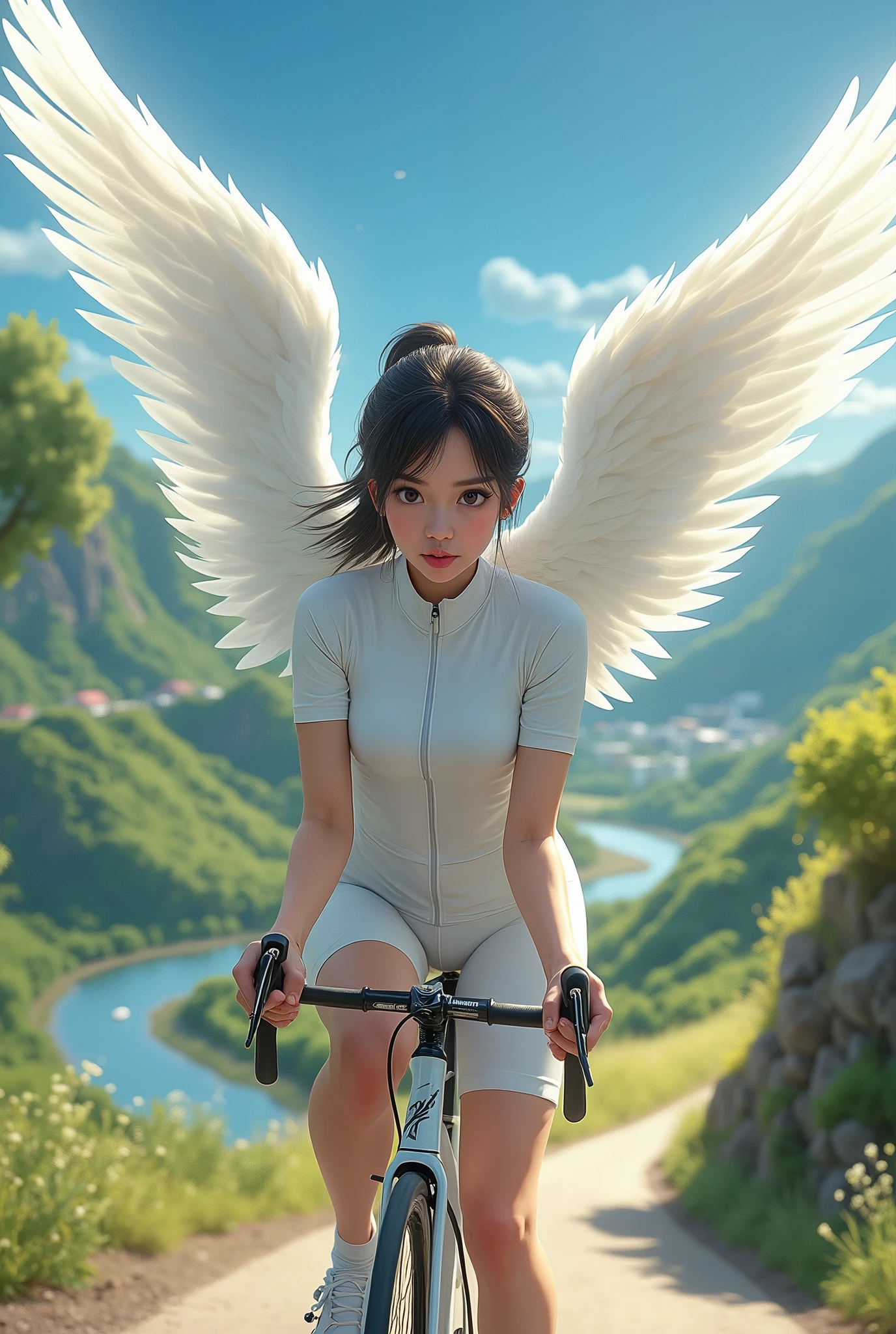 I want you to create a woman who looks like an angel with a white jersey, all her cycling clothes white, her face well made up, with facial features that are both Japanese and South American, her eyes that are big and already defined, her hair that is shoulder length, well greased with her hair tied back, climbing a beautiful hill with lots of curves and she is next to a viewpoint that gives way to a very small city because it is already in a super high part and that this woman is riding a road bike but has wings like those of an angel, white wings and a creek that is bigger than her body.