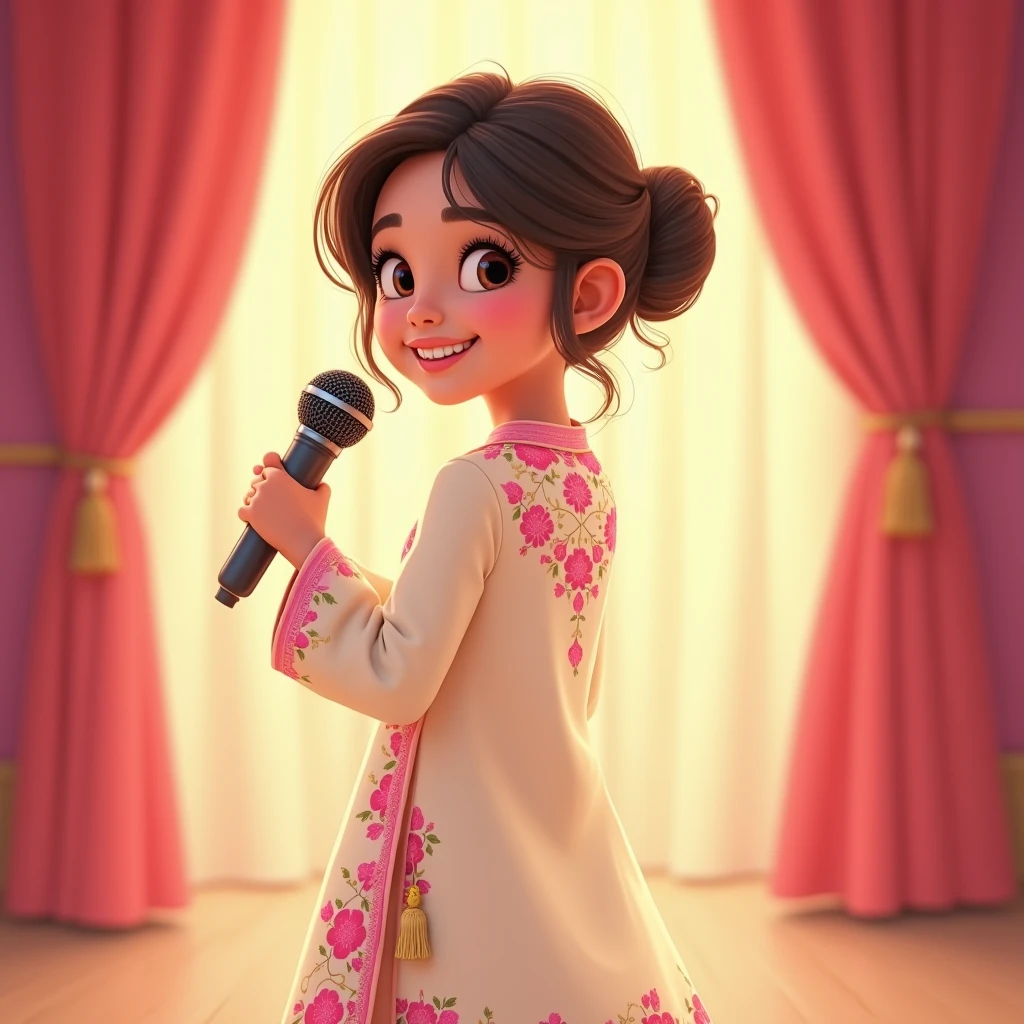 Lily, (highest quality, 4k, masterpiece:1.3), A young Pakistani Muslim girl wearing a traditional cream shalwar kameez with pink floral embroidery. Her hair is styled in a neat bun with loose strands framing her face, as seen in previous images. She turns her back to the camera but glances back over her shoulder, smiling cheekily, holding the microphone. The image is in a 2D animation style, with bright colors, cartoonish features, and soft, smooth shading. The background shows soft curtains, warm stage lighting, and a playful, joyful atmosphere. Clear outlines, simple textures, and an illustrated, digital painting look. (Cream shalwar kameez, pink floral embroidery, consistent outfit:1.3), (same hairstyle as before:1.3), (microphone in hand:1.3), (microphone always visible:1.3)