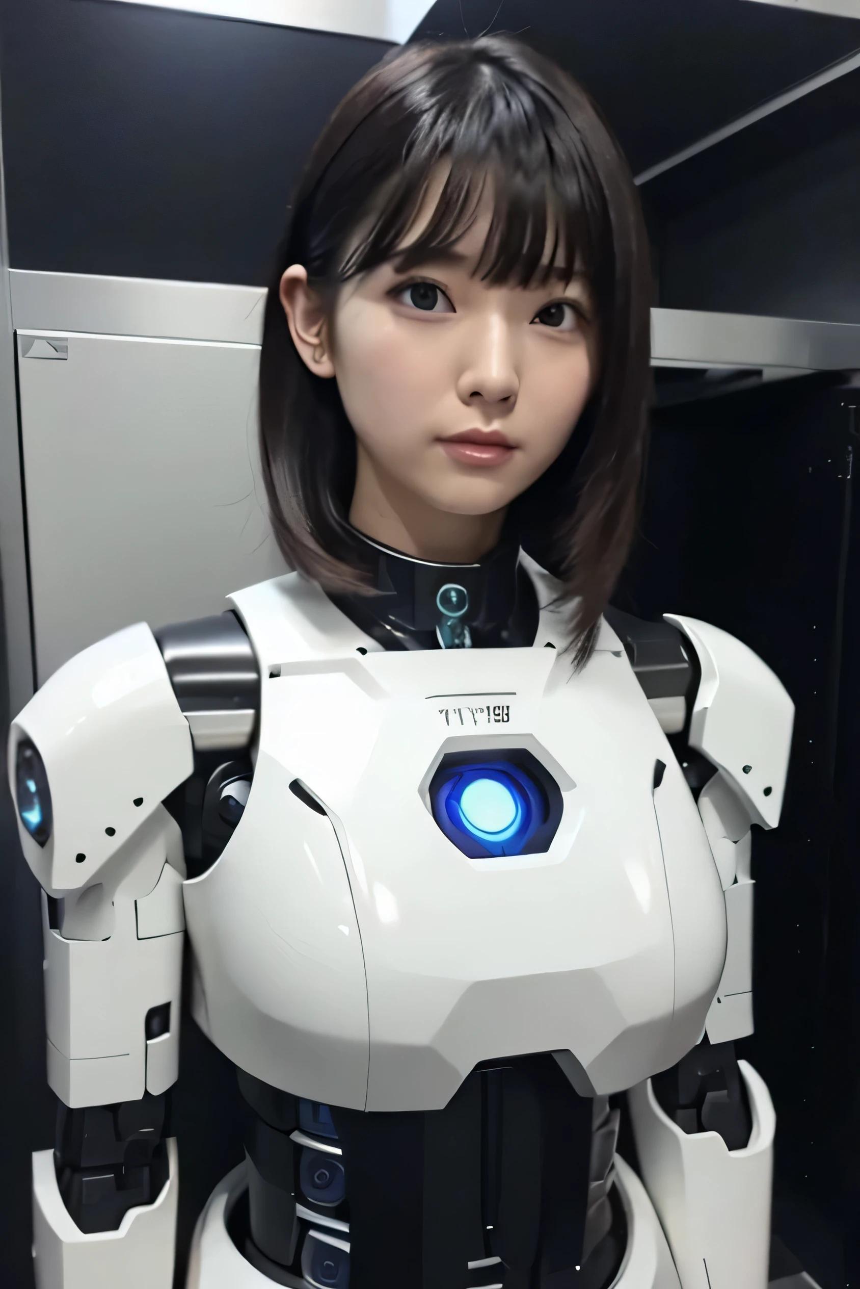 masterpiece, best quality, extremely detailed, Japaese Cyborg girl,Plump , control panels,android,Droid,Mechanical Hand, Robot arms and legs, Black Robot Parts,Black hair,chubby,office-lady,Mechanical body,Blunt bangs,White robotics parts,perfect robot girl,long tube,thick cable connected her neck,ceramic body ,mechanical body, mechanical ear cover, mechanical costume,android,robot,humanoid,cyborg,japanese android woman ,mechanical chest,blue eyes,future laboratory,connecting a cable between the legs,blank eyes,hypnosis