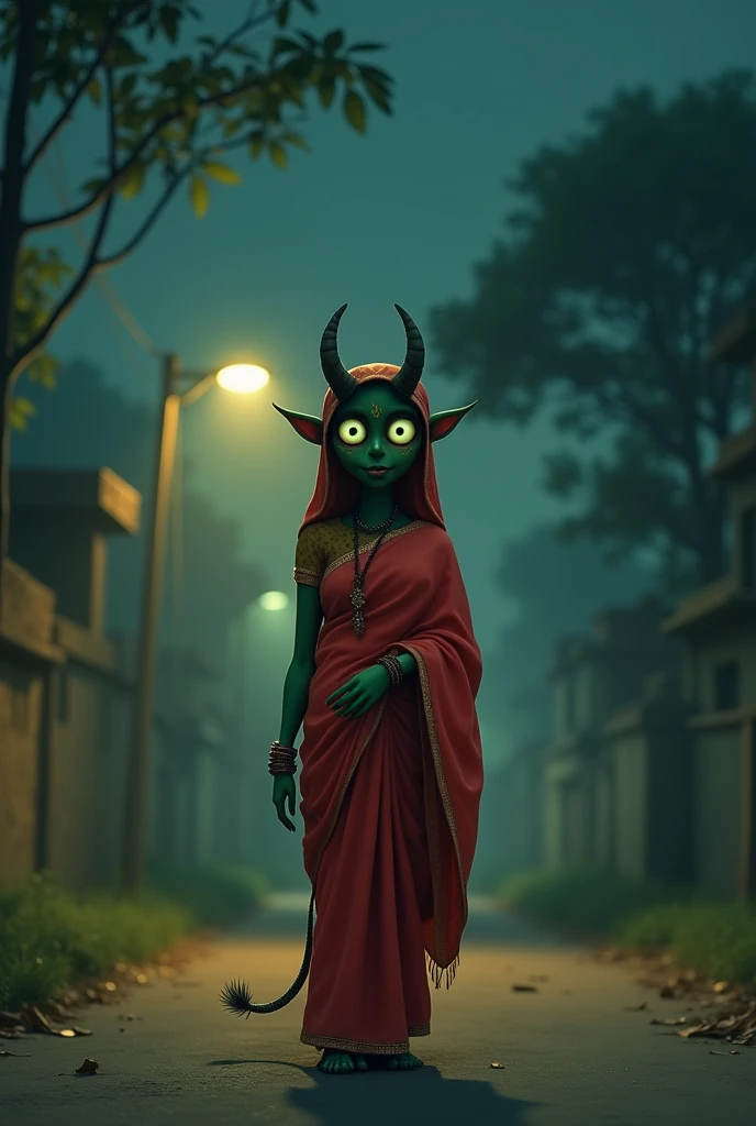 cinematic cartoon style (thumbnail photo realise:1.1),a Indian chudail wearing a saree with closed the head with saree(palu), saree colour red with green point dots, chudail hight very small as compared to the background,chudail live on the village street, few small tree both sides of street, Cinematically dark night background, both sides of street two night lamp.The image looking very far long distance.