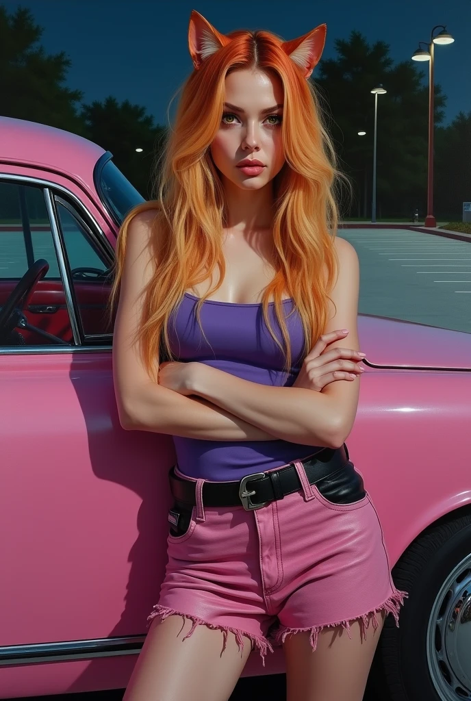 beautiful fit nude redhead sitting on the hood of a red lamborghini spreading her legs