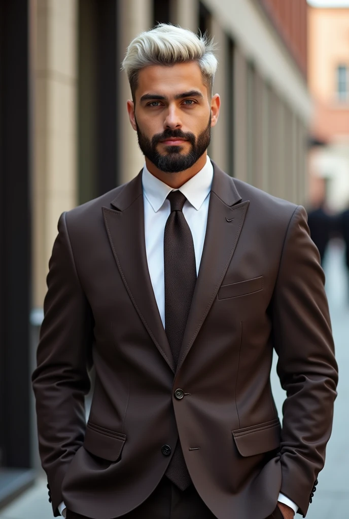 a male character, offwhite, short hair with a traditional cut, Brown suit, dark brown eyes, beard like glasses, broadshouldered, not very muscular, chic, at the height of 24 years, American