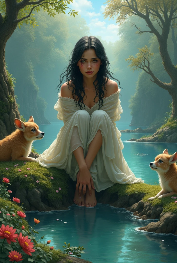 The magical lake begins to dry up as Rona continues to cry, her face full of sadness. The once vibrant trees and flowers around the lake start to wither, and the animals look concerned and confused as they notice the lake shrinking.