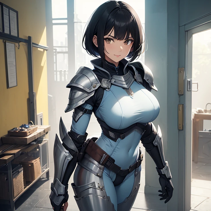 (Masterpiece), (High Resolution), (Best Quality), (Anatomically Correct), (High Details), (HD), (High Quality), (character solo, alone), (fantasy), (anime style)
{{1character:50 years old black haired milf:(medium shoulder length black hair bob cut, pale skin,brown eyes, sharp nose, black thick eyebrows, very thin lips, nice feminine body, beautiful body, beautiful hips, big breasts, beautiful legs, beautiful arms, delicated features, beauty, feminity, sweet demeanor, motherly personality),((light full armor cuirass, steel shoulder pads, grey pants, grey boots, pointy hood, short cloak)),((sweet expression and sweet smile),(cheerful pose),(standing patient and calm)),((knights training camp),(sunny day),(light-blue sky),(simple background),(yellow walls),(spring season),(various garrisons and modern weapons around),(very few people there)}}