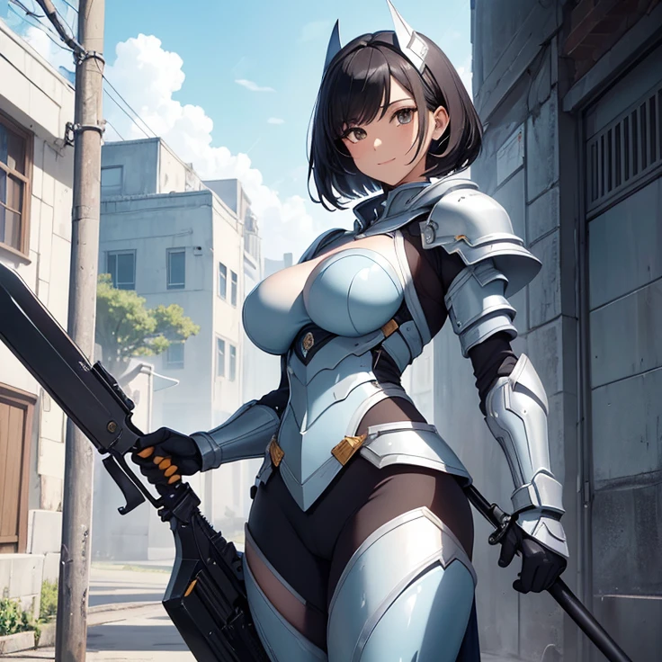 (Masterpiece), (High Resolution), (Best Quality), (Anatomically Correct), (High Details), (HD), (High Quality), (character solo, alone), (fantasy), (anime style)
{{1character:50 years old black haired milf:(medium shoulder length black hair bob cut, pale skin,brown eyes, sharp nose, black thick eyebrows, very thin lips, nice feminine body, beautiful body, beautiful hips, big breasts, beautiful legs, beautiful arms, delicated features, beauty, feminity, sweet demeanor, motherly personality),((light full armor cuirass, steel shoulder pads, grey pants, grey boots, pointy hood, short cloak)),((sweet expression and sweet smile),(cheerful pose),(standing patient and calm)),((knights training camp),(sunny day),(light-blue sky),(simple background),(yellow walls),(spring season),(various garrisons and modern weapons around),(very few people there)}}