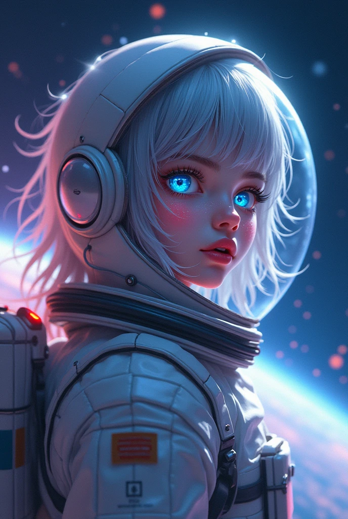 (Better masterpiece:1.5)0.9], (Space and astronauts:1.2) (Messy silver hair:1.1) (Heterochromia xanthochromia and blue eyes:1.2) (Space Helmet:1.0) (Colored stars in the eyes:1.0) (A radiant glow:1.1) (thick lips:0.9) (Looking at viewer over shoulder:0.9)