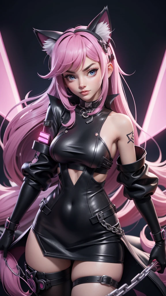 a girl in a revealing black and white outfit with a cat ears and a chain around her, seductive anime girl, showing lots of skin, cyberpunk anime girl, anime cyberpunk art, female cyberpunk anime girl, female anime character, beautiful alluring anime girl, female action anime girl, with red glowing eyes, demon anime girl, anime girl, from arknights, beautiful anime catgirl, anime girl