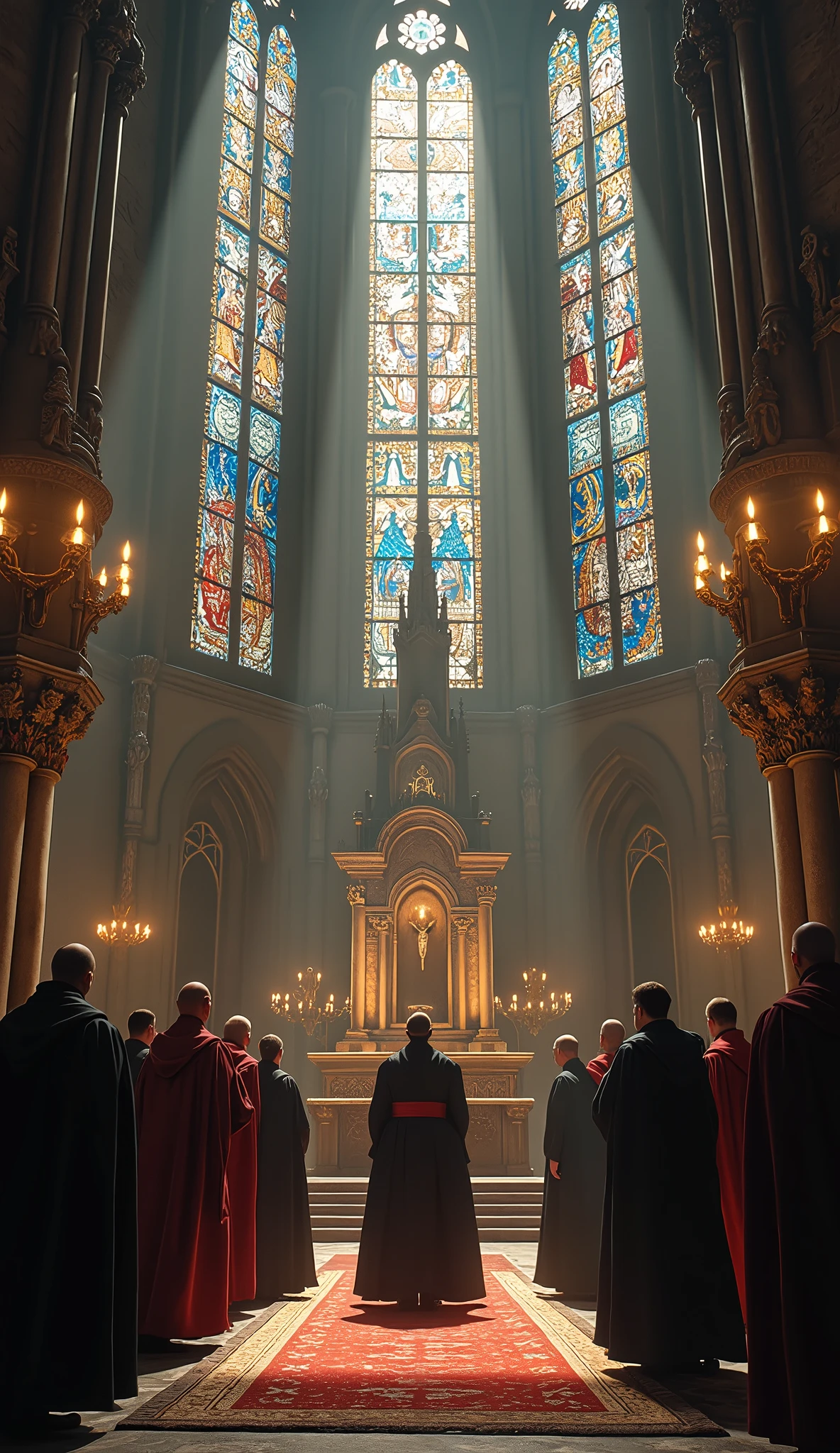 Close-up shot, Low angle shot, (An intense scene inside a grand cathedral, with towering stained-glass windows casting colorful light onto a group of high-ranking clergy in elaborate robes. In the shadows near the entrance, an Illuminati member, dressed in a dark cloak, watches the proceedings with a calculating expression. The clergy are gathered around a massive altar, their faces anxious as they discuss the growing threat to their authority. The atmosphere is heavy with tension and the weight of centuries-old tradition being challenged.) unreal engine, cinematic, hyper-real, highly detailed, Ultra realistic HD --q 2 --v 6.1 --ar 9:16  