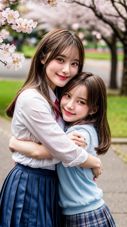 ((masterpiece)), ((Highest quality)), (Very detailed), ((cute)), cute, (likely), ((sexy)), (device), ((Very detailed)), 4K, (8k), Highest quality, (beautiful), hyper Genuineistic, Genuine, Dynamic Angle, whole body, (Cherry blossom petals, Cherry tree in full bloom:1.3), (Two people, 2 cute girls:1.5), ((Schoolgirl Uniform)), ((beautiful eyes)), short hair, Hips, Large Breasts, A light smile, blush, (Wind effects:1.3), (like, hug:1.5)