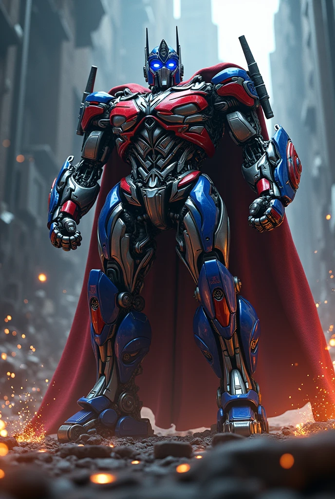 a highly detailed 3D render of Optimus Prime and Thor, hyper realistic, cinematic lighting, dramatic angle, powerful, muscular, epic, intricate mechanical details, metallic textures, glowing elements, dynamic poses, cinematic composition, dark moody color palette, dramatic shadows and highlights, photorealistic, masterpiece
