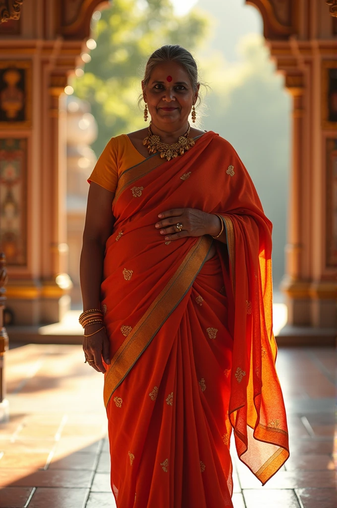 Idian cute aunty wear the saree, wearing bangels,hai tie,background tempele,hand cubby,ass chubby, showing her leges, lights afternoon sun