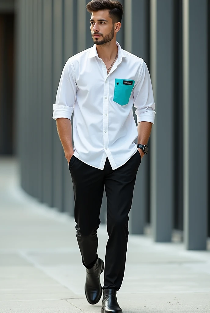 Young man wearing a white Columbia-style 3-quarter sleeve shirt with turquoise blue detail on the pocket and black pants , black booties
