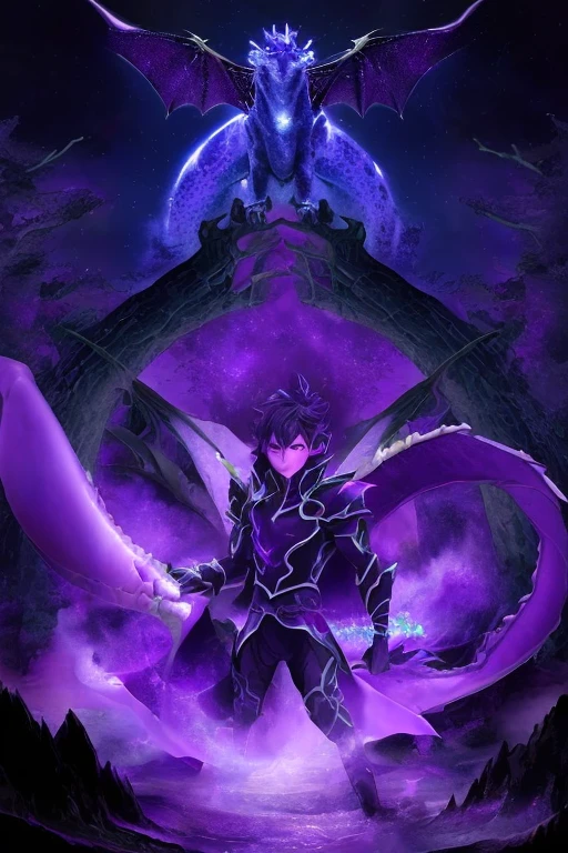 "Series Title: purple magic, The Dragon, Dark", World, where every person has an aura. Our hero will have purple. Our hero is a man: 1.2), Perfect color combination.
Starry night and lightning force in the background. aura, which shook the earth. Green sword in hands.