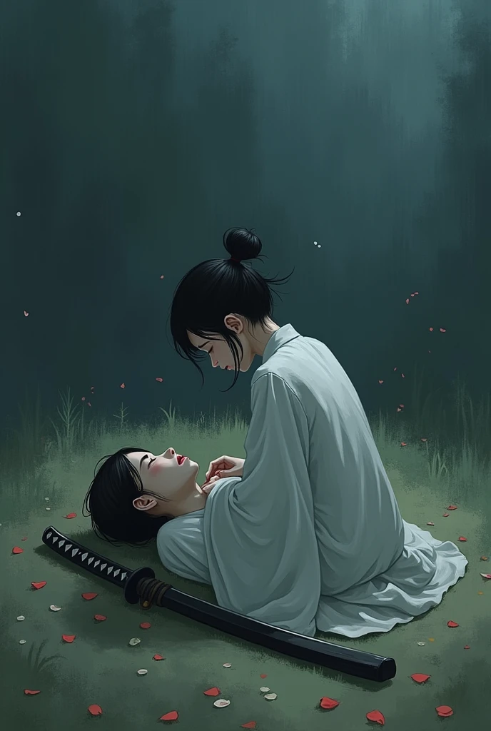 A crying Japanese girl with her back to the camera holding the body of her dead friend, and beside it was his broken katana!