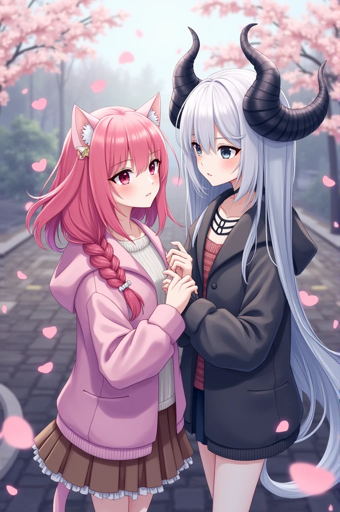 Draw two girls. The first girl has pink hair and pink eyes, has cat ears and cat tail, She has white skin, wearing a pink jacket, one braid. The second girl has grayish blue hair, black eyes, horns, long hair, and wearing a black jacket, has white skin.