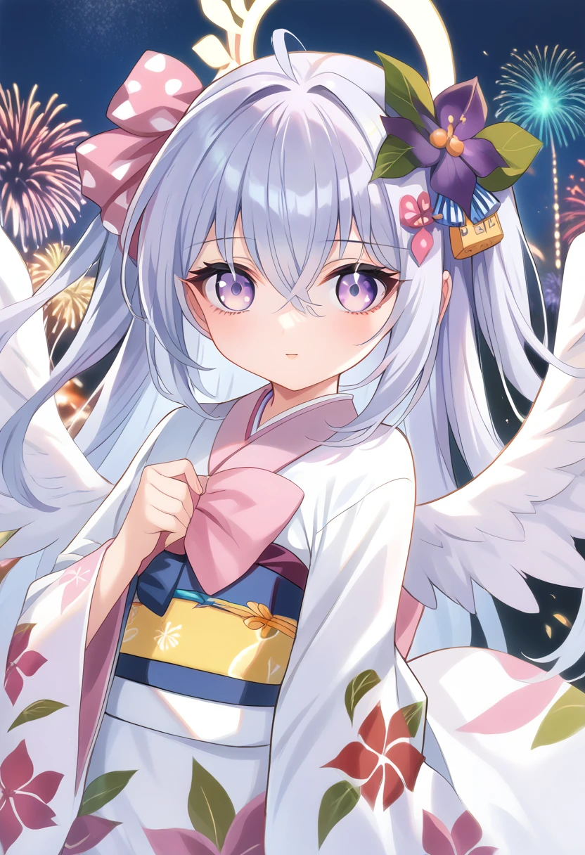 azusa \(blue archive\),1girl alternate_costume angel_wings blurry depth_of_field feathered_wings flower hair_between_eyes hair_flower hair_ornament halo holding_fireworks japanese_clothes kimono long_hair long_sleeves night night_sky obi outdoors parted_lips purple_eyes sash sidelocks sky solo white_hair white_wings wide_sleeves wings yukata smile