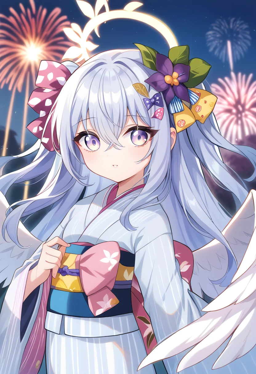 azusa \(blue archive\),1girl alternate_costume angel_wings blurry depth_of_field feathered_wings flower hair_between_eyes hair_flower hair_ornament halo holding_fireworks japanese_clothes kimono long_hair long_sleeves night night_sky obi outdoors parted_lips purple_eyes sash sidelocks sky solo white_hair white_wings wide_sleeves wings yukata smile