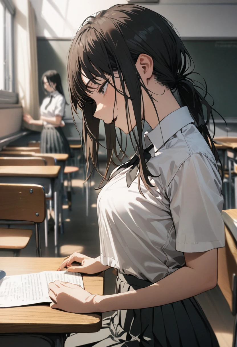 1girl, asa \(chainsaw man\), chainsaw man, shirt,pleats skirt,classroom,masterpiece, best quality, absurdres,