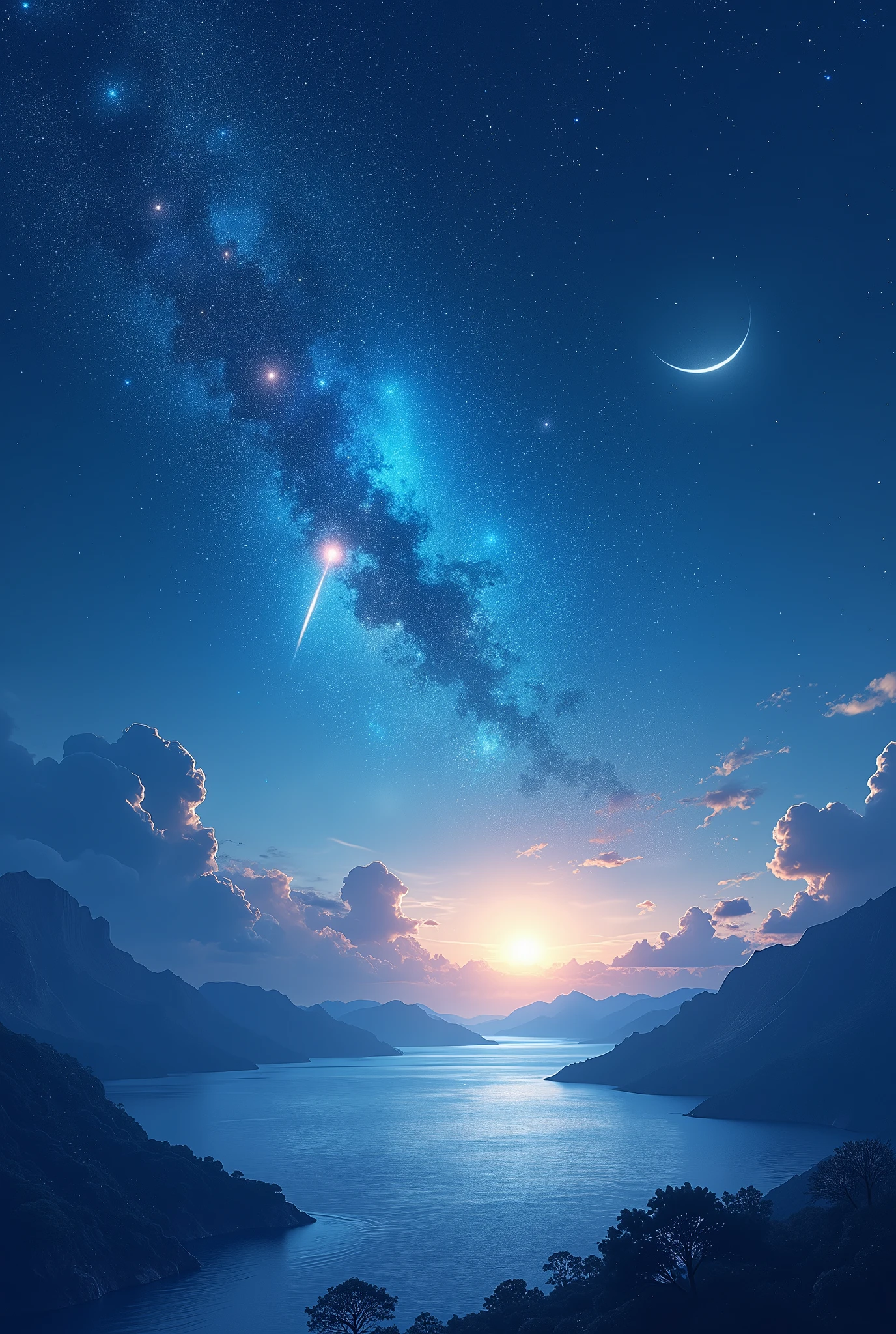 best quality, Full-HD, landscape, space, the universe, the cosmos, the galaxy, blue background, gradient blue background, with a moon, with stardust, with a starry sky, with a nebula, with shooting stars, a single large shooting star falling, with a meteor, surrounded by stars and a meteor shower, with a meteor shower, with a comet, at midnight, at night, at dawn