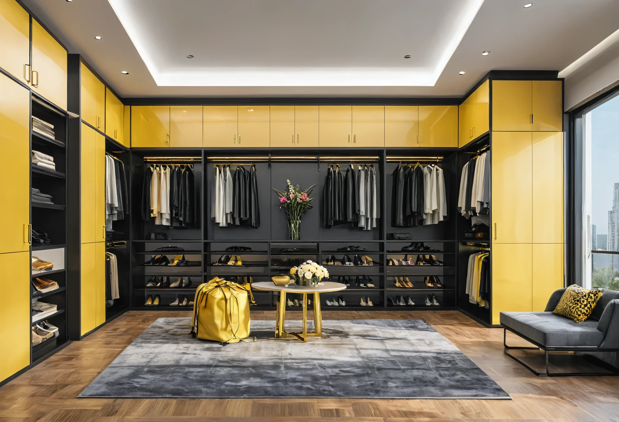 A close-up of a closet with lots of clothes, elegant wardrobe, elegant futuristic wardrobe, cabinet furniture, gold and black color scheme, clothing photography, Small room, photorealistic room, exiting from a wardrobe, Full clothing, black and yellow scheme, High customization, black show room, realistic dress, Black color scheme, 3d product, Black and yellow color scheme,Raw photo,Masterpiece, high quality, best quality, authentic, super detail, interior, shoes Cabinet style taiwan , sunset, daylight, shoe cabinets, decorative cabinets, flower vases, decorations, books, wooden floor, handbags, shoes, bearbrick, 