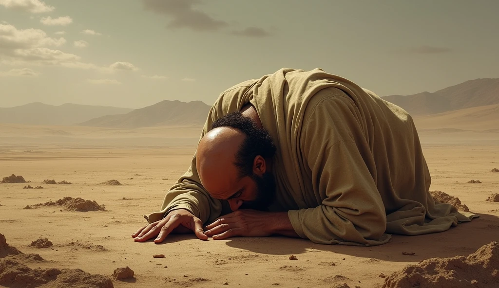 biblical scene in which Job, a bald man, responds to God, as described in Job 42:1-6. Show Job prostrate on the ground, in deep humility and repentance, with head bowed and hands extended downward or crossed over the chest, in a gesture of submission. Your expression should reflect recognition, reverence and contrition, recognizing God&#39;s sovereignty and wisdom