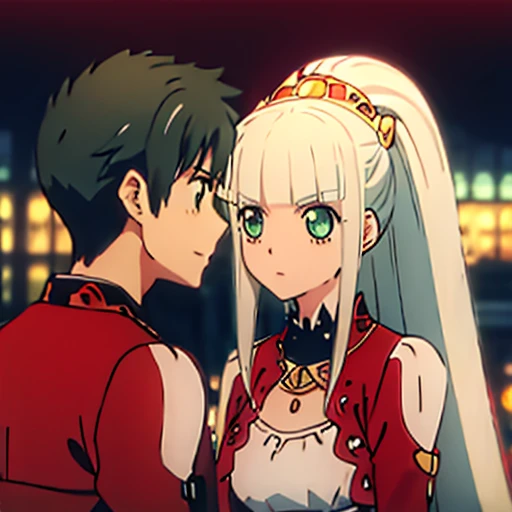 1 boy with black hair, Red jacket romantically kissing a girl in a red and white dress Long light green hair and green eyes, bright city at night in the background., True love, blushing cheeks, high quality 