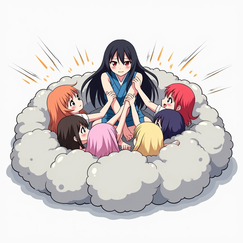 An anime-style illustration depicting many girls and lady playfully wrestling with each other inside a light gray comical fight cloud (dust cloud).
each girl has different colored hair. one lady with black long hiar and red-eyes and blue sleeveless-kimono.
their faces,hands,and feet are visible emerging from the cloud as they tussle humorously, with the rest of their bodies completely hidden inside the cloud.
the illustration emphasizes the humorous and energetic nature of their scuffle,with a fluffy and exaggerated fight cloud.