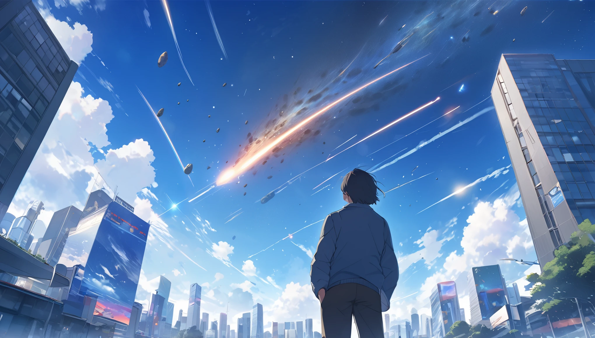 High definition、high resolution、Masterpiece、Looking up at the Tokyo sky、Man looking from afar、blue sky、City、City、Buildings、Giant meteorites、meteorite falling、Makoto Shinkai style、