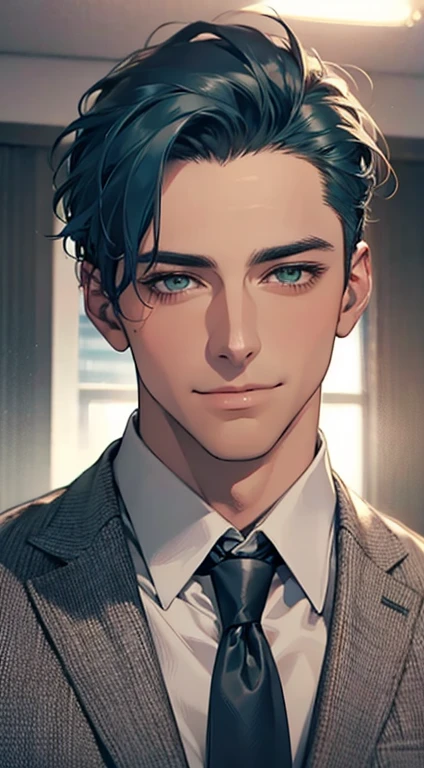 (Highest quality,4K,8K,High resolution,masterpiece:1.2),Super detailed,(Realistic,photoRealistic,photo-Realistic:1.37),1 personld,Mature Men,Beautiful skin、very handsome,Expressionless smile in love,Short blue hair,green eyes,Sharp Eyes,A perfect face without a doubt,Businessman, CEO, Office Background,Cinema Lighting,HDR image,tie、