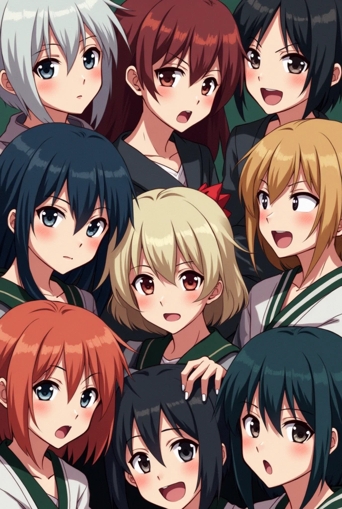 Expressionist artwork images of multiple japanese anime characters, faces, 3d style,