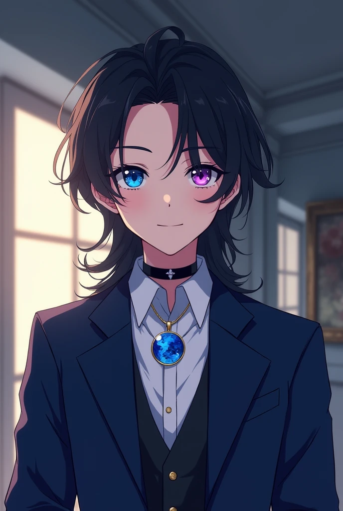 Boy between 18 and 20 years old with long black hair, Blue heterochromia in the right eye and violet in the left eye. With a dark blue formal suit,  A gentlemanly personality and a kind smile, with a black choker with a 5cm round translucent blue pendant attached to the choker, animated style