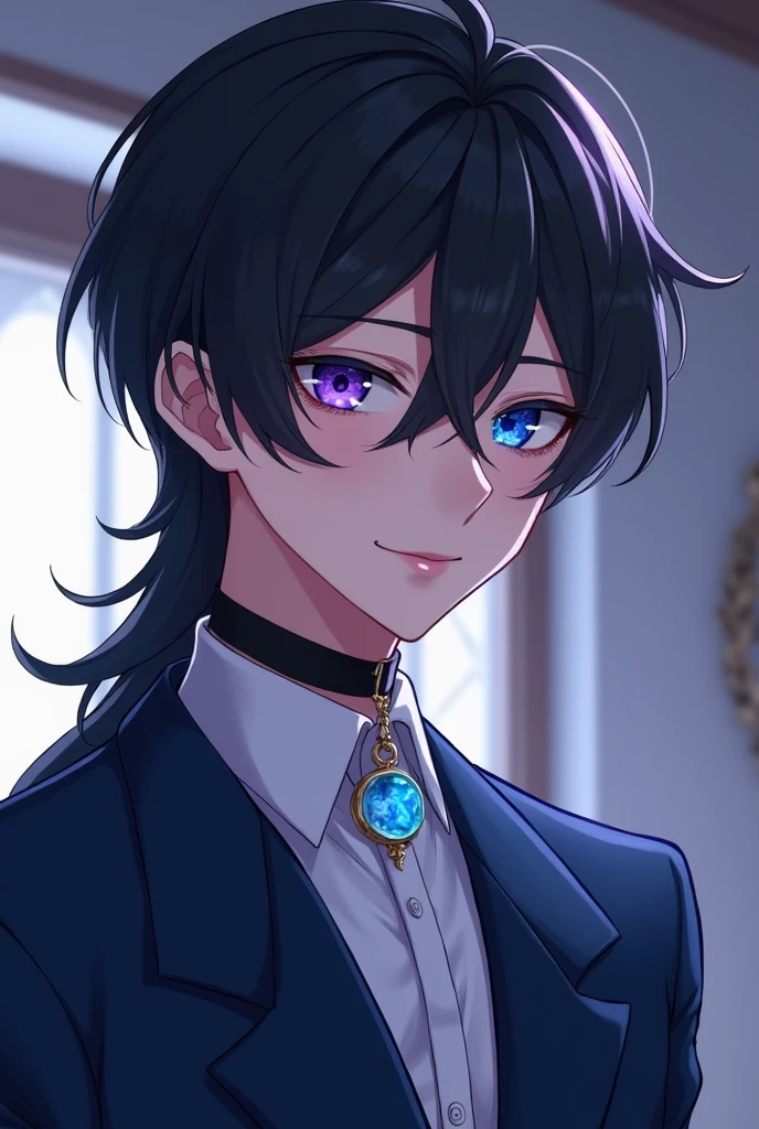 Boy between 18 and 20 years old with long black hair, Blue heterochromia in the right eye and violet in the left eye. With a dark blue formal suit, A gentlemanly personality and a kind smile, with a black choker with a 5cm round translucent blue pendant attached to the choker, animated style