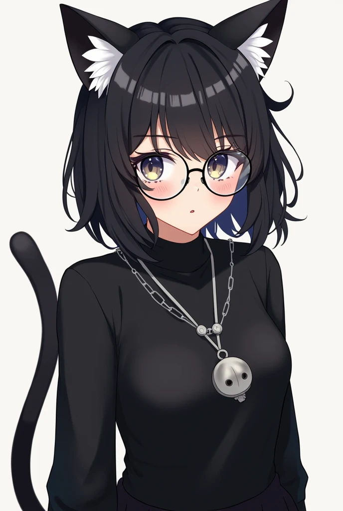woman has black cat ears with white details inside and appears to have a black tail. He wears round-framed glasses and has black hair with bangs that cover his forehead.. She also has a white hair accessory that looks like a bow on the right side of her head.. His outfit includes a black long-sleeved, high-necked T-shirt., adorned with a silver pendant around the neck, which could be a bell or medallion. big tits full body black stockings and skirt nude completely naked