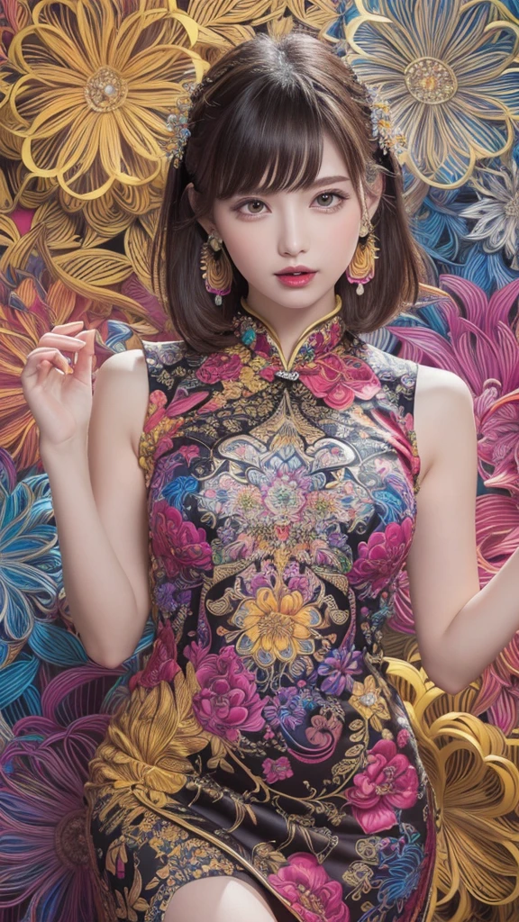 (masterpiece, top quality, best quality, official art, beautiful and aesthetic:1.2), (1girl:1.3), extremely detailed,(fractal art:1.1),(colorful:1.1)(flowers:1.3),highest detailed,(zentangle:1.2), (dynamic pose), (abstract background:1.3), (chinese dress:1.2), (shiny skin), (many colors:1.4), ,(earrings:1.4),