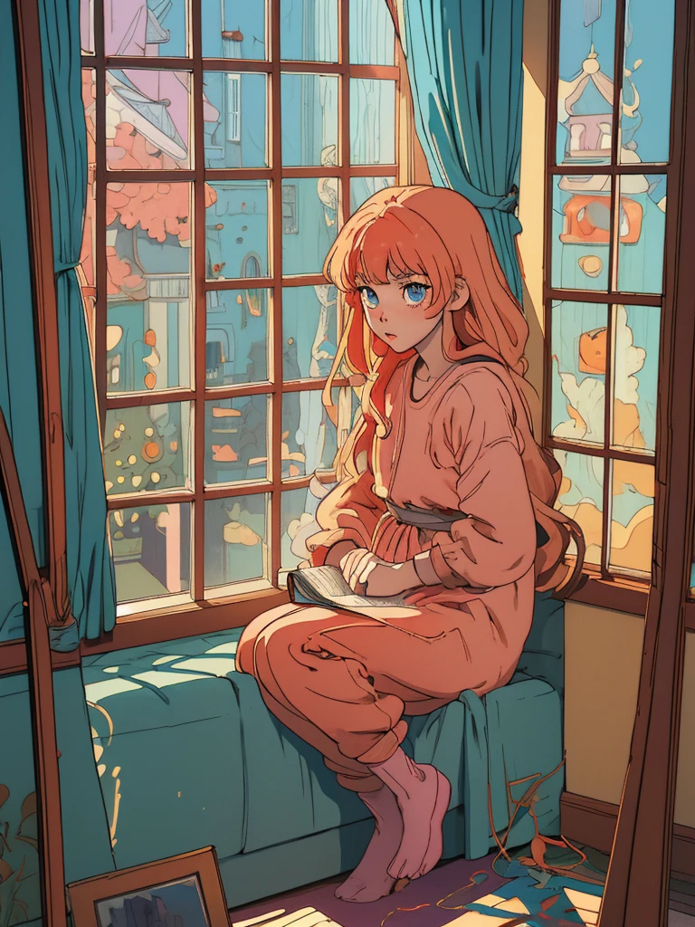 1gril, ((full body)), (best quality), cozy room, table, cofee, sofa, book, anime, girl, bedroom, window, bed, window, window, window curtains, window, window, curtains, window, curtains, curtains, curtains, curtains, lofi girl, lofi art, lofi artstyle, lo-fi art, anime vibes, lo-fi illustration style, anime aesthetic, lofi vibes, style of alena aenami
