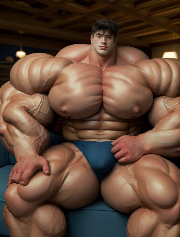 1boy, giant, asian, solo, giant bodybuilder, golden hour, strong body, bulk, large size, sitting on couch in any room, indoor, nude, blue triangular underwear with enormous bulge, extraordinary big, brutalmass, giant muscular body, bulk, buff, massive body, large meaty body size, extremely wide body