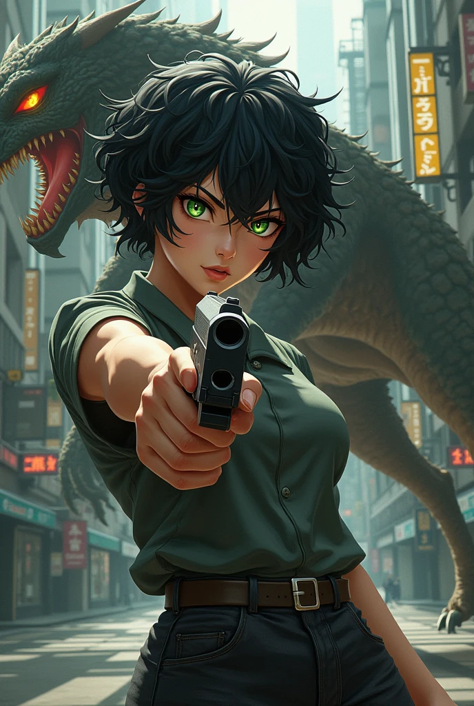 Girl character set in jujutsu kaisen with short black curly hair with red, one eye is green and the other eye is orange, light brown complexion, somewhat large chest, with a gun, scar on face and a mythological creature coming out in the city in the back along with the city of Japan