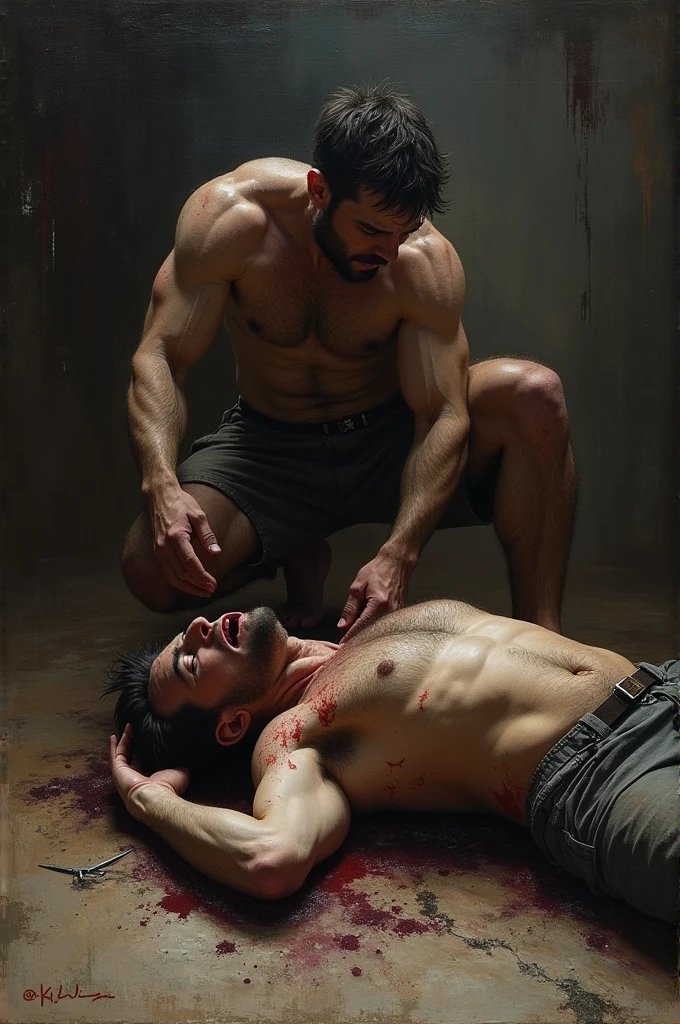 A rough oil paint of a man and his opponent laying dead both defeated