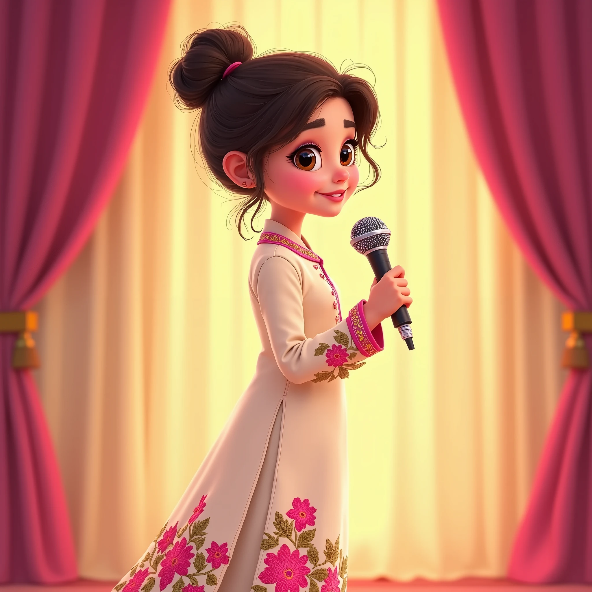 Lily, (highest quality, 4k, masterpiece:1.3), A young Pakistani Muslim girl wearing a traditional cream shalwar kameez with pink floral embroidery. Her hair is styled in a neat bun with loose strands framing her face, as seen in previous images. She turns her back to the camera but glances back over her shoulder, smiling cheekily, holding the microphone. The image is in a 2D animation style, with bright colors, cartoonish features, and soft, smooth shading. The background shows soft curtains, warm stage lighting, and a playful, joyful atmosphere. Clear outlines, simple textures, and an illustrated, digital painting look. (Cream shalwar kameez, pink floral embroidery, consistent outfit:1.3), (same hairstyle as before:1.3), (microphone in hand:1.3), (microphone always visible:1.3)