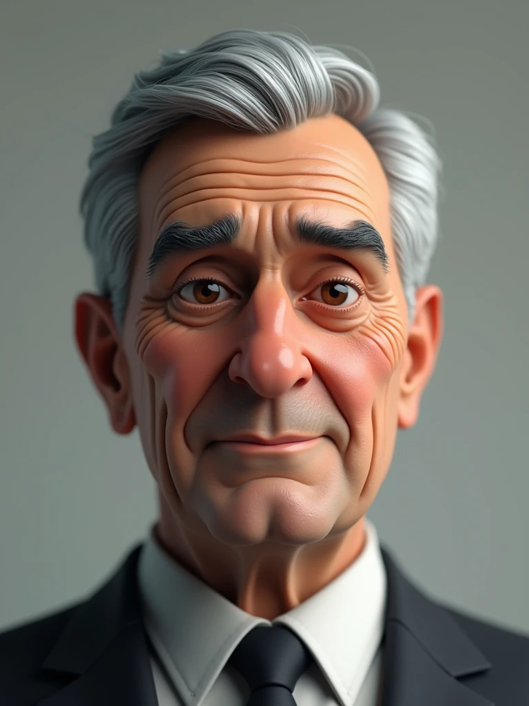 Create a 3D style character, of a 6 man, brown eyes, short gray hair, with a normal mouth, a big and airy nose, thick shadows, wearing dress clothes