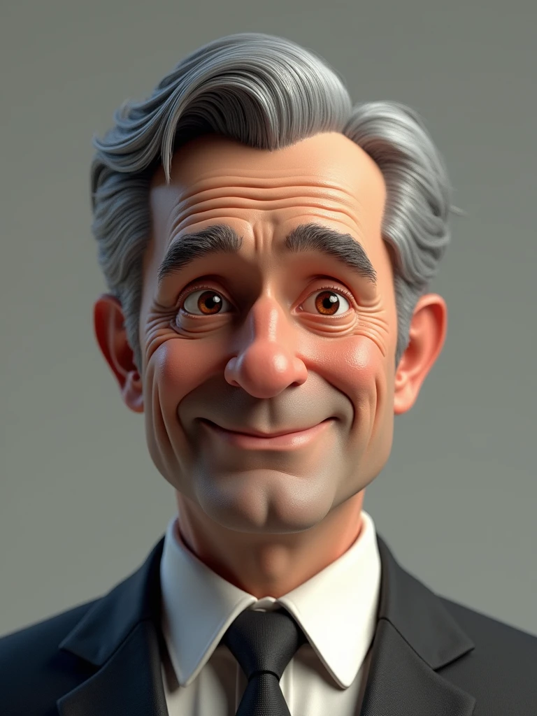 Create a 3D style character, of a 6 man, brown eyes, short gray hair, with a normal mouth, a big and airy nose, thick shadows, wearing dress clothes